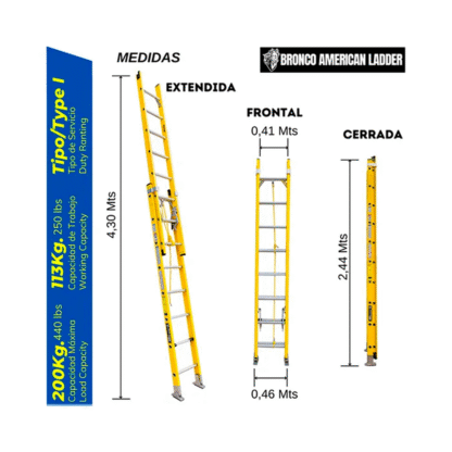 Escalera telescópica de fibra de vidrio de 16 pasos Bronco American Ladder - Imagen 3