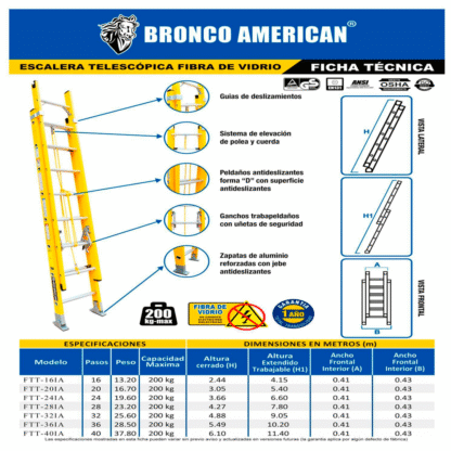 Escalera telescópica de fibra de vidrio de 16 pasos Bronco American Ladder - Imagen 4