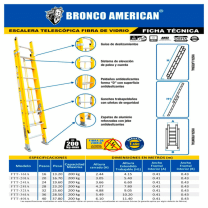Escalera telescópica de fibra de vidrio de 20 pasos Bronco American Ladder - Imagen 3