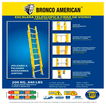 Escalera telescópica de fibra de vidrio de 20 pasos Bronco American Ladder - Imagen 4