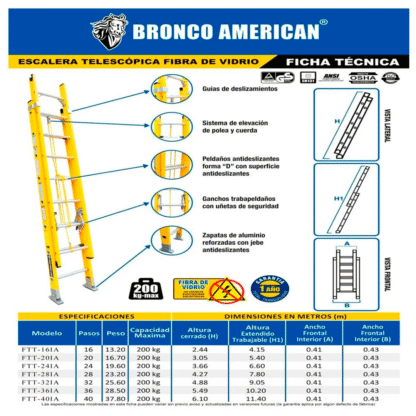 Escalera telescópica de fibra de vidrio de 24 pasos Bronco American Ladder - Imagen 3