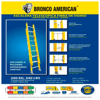 Escalera telescópica de fibra de vidrio de 32 pasos Bronco American Ladder - Imagen 4