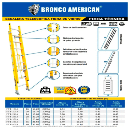 Escalera telescópica de fibra de vidrio de 36 pasos Bronco American Ladder - Imagen 3