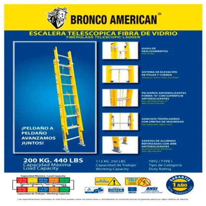 Escalera telescópica de fibra de vidrio de 36 pasos Bronco American Ladder - Imagen 4