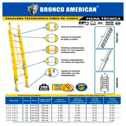 Escalera telescópica de fibra de vidrio de 40 pasos Bronco American Ladder - Imagen 3