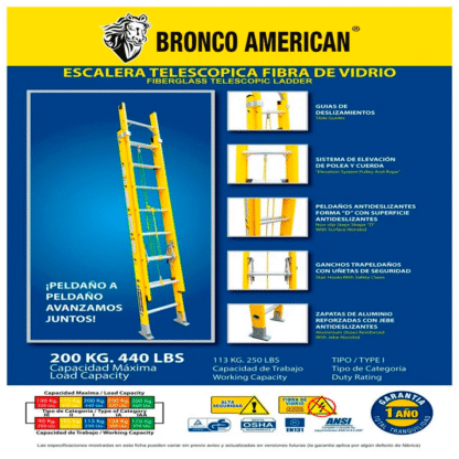 Escalera telescópica de fibra de vidrio de 40 pasos Bronco American Ladder - Imagen 4