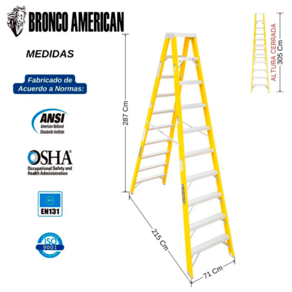 Escalera Fibra de Vidrio Tijera Doble Ascenso de 10 Pasos Bronco American Ladder - Imagen 2