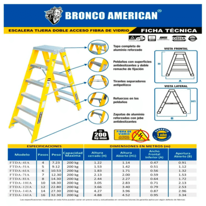 Escalera Fibra de Vidrio Tijera Doble Ascenso de 10 Pasos Bronco American Ladder - Imagen 3