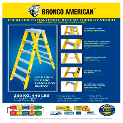 Escalera Fibra de Vidrio Tijera Doble Ascenso de 10 Pasos Bronco American Ladder - Imagen 4
