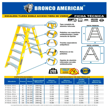 Escalera Fibra de Vidrio Tijera Doble Ascenso de 12 Pasos Bronco American Ladder - Imagen 3