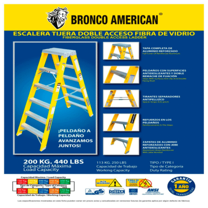 Escalera Fibra de Vidrio Tijera Doble Ascenso de 12 Pasos Bronco American Ladder - Imagen 4