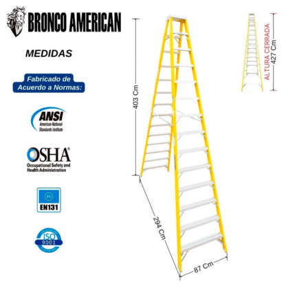 Escalera Fibra de Vidrio Tijera Doble Ascenso de 14 Pasos Bronco American Ladder - Imagen 2