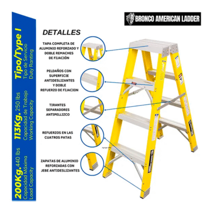 Escalera Fibra de Vidrio Tijera Doble Ascenso de 5 Pasos Bronco American Ladder - Imagen 3