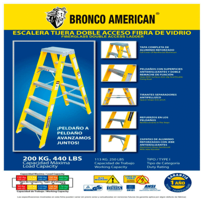 Escalera Fibra de Vidrio Tijera Doble Ascenso de 6 Pasos Bronco American Ladder - Imagen 4