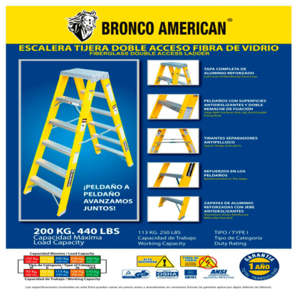 Escalera Fibra de Vidrio Tijera Doble Ascenso de 7 Pasos Bronco American Ladder - Imagen 4