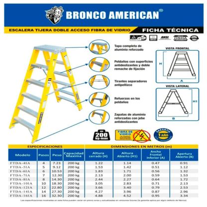 Escalera Fibra de Vidrio Tijera Doble Ascenso de 8 Pasos Bronco American Ladder - Imagen 6