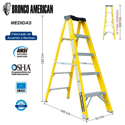 Escalera Fibra de Vidrio Tijera Simple Ascenso de 5 Pasos Bronco American Ladder - Imagen 2