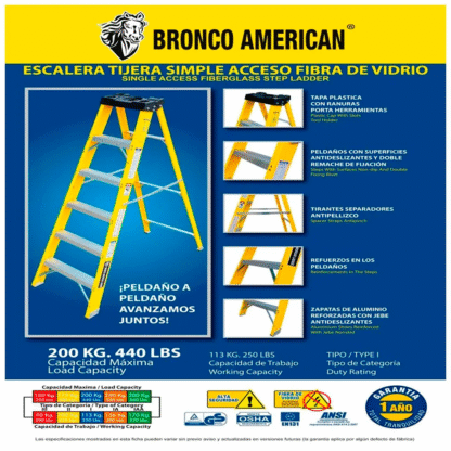 Escalera Fibra de Vidrio Tijera Simple Ascenso de 5 Pasos Bronco American Ladder - Imagen 4