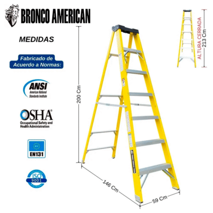 Escalera Fibra de Vidrio Tijera Simple Ascenso de 7 Pasos Bronco American Ladder - Imagen 2