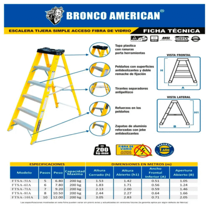 Escalera Fibra de Vidrio Tijera Simple Ascenso de 7 Pasos Bronco American Ladder - Imagen 3