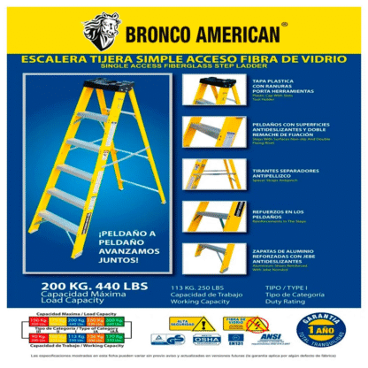 Escalera Fibra de Vidrio Tijera Simple Ascenso de 8 Pasos Bronco American Ladder - Imagen 4