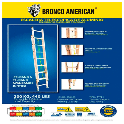 Escalera telescópica de Aluminio 16 pasos Bronco American Ladder - Imagen 4