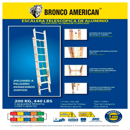 Escalera telescópica de Aluminio 20 pasos Bronco American Ladder - Imagen 4
