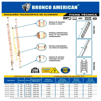 Escalera telescópica de Aluminio 24 pasos Bronco American Ladder - Imagen 3