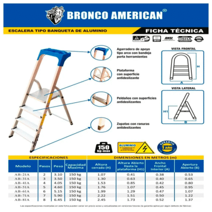 Escalera Domestica Tipo Banqueta de Aluminio de 3 Pasos Bronco American Ladder - Imagen 3
