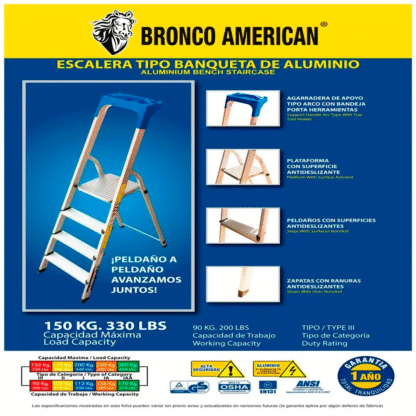 Escalera Domestica Tipo Banqueta de Aluminio de 4 Pasos Bronco American Ladder - Imagen 4