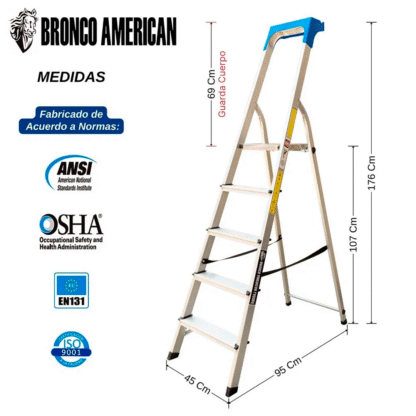 Escalera Domestica Tipo Banqueta de Aluminio de 5 Pasos Bronco American Ladder - Imagen 2