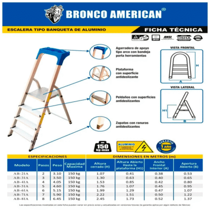 Escalera Domestica Tipo Banqueta de Aluminio de 5 Pasos Bronco American Ladder - Imagen 3