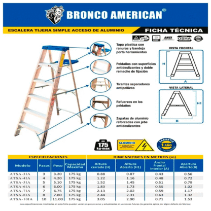 Escalera Aluminio Tijera Simple Ascenso de 10 Pasos-Bronco American Ladder - Imagen 3