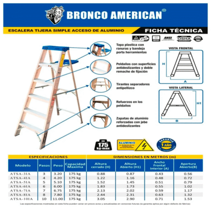 Escalera Aluminio Tijera Simple Ascenso de 4 Pasos-Bronco American Ladder - Imagen 3