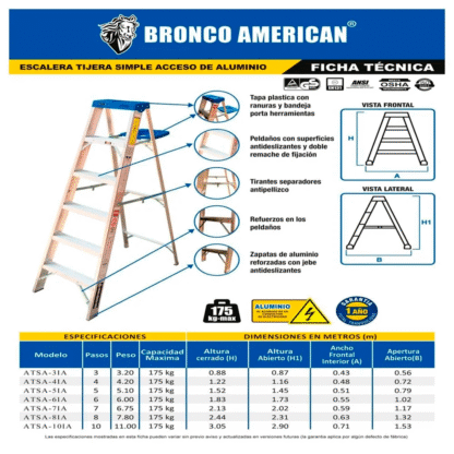 Escalera Aluminio Tijera Simple Ascenso de 6 Pasos-Bronco American Ladder - Imagen 3