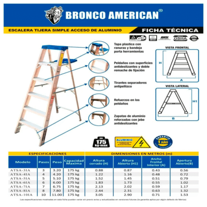 Escalera Aluminio Tijera Simple Ascenso de 7 Pasos-Bronco American Ladder - Imagen 3