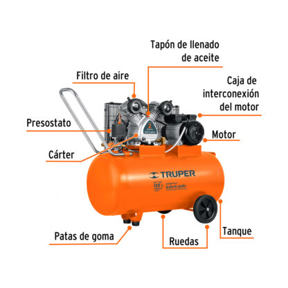 Compresora de aire 120 L lubricada de banda horizontal TRUPER - Imagen 2