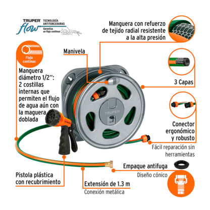 Combo de manguera reforzada 3 capas 1/2", pistola de riego plástica y porta manguera TRUPER - Imagen 2