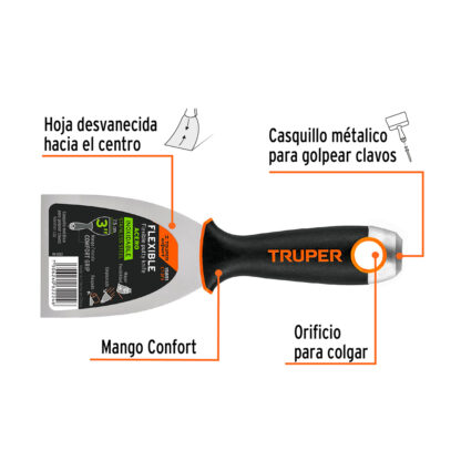 Espátula flexible 3" acero inoxidable, mango Comfort Grip TRUPER - Imagen 2