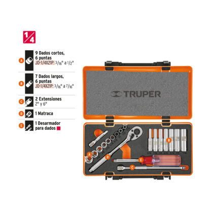Juego de 20 herramientas para mecánico, cuadro 1/4" std TRUPER - Imagen 3