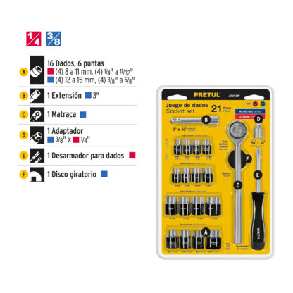 Juego de 21 herramientas para mecánico 1/4" y 3/8" PRETUL - Imagen 3