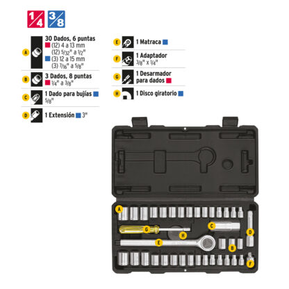 Juego de 39 herramientas para mecánico 1/4" y 3/8" PRETUL - Imagen 3