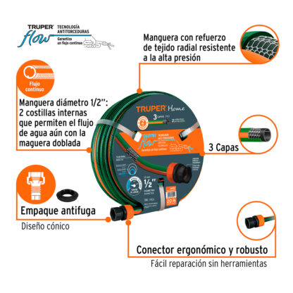 Manguera 1/2" reforzada 20 m conexiones plásticas TRUPER - Imagen 2