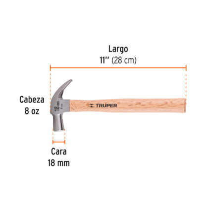 Martillo cabeza cónica 18 mm uña curva, mango madera TRUPER - Imagen 2
