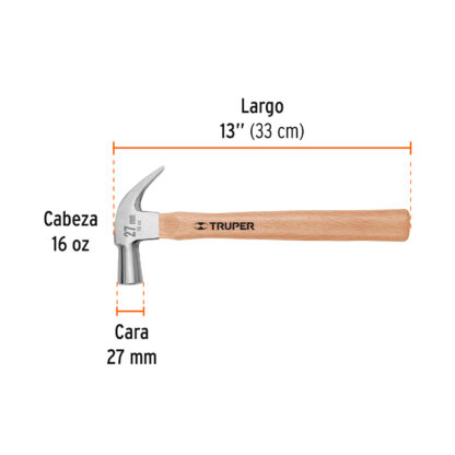 Martillo cabeza cónica 27 mm uña curva, mango madera TRUPER - Imagen 2