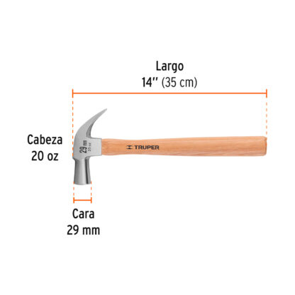 Martillo cabeza cónica 29 mm uña curva, mango madera TRUPER - Imagen 2