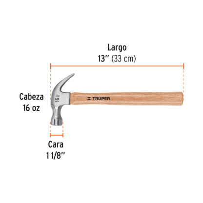 Martillo pulido 16 oz uña curva, mango madera TRUPER - Imagen 2