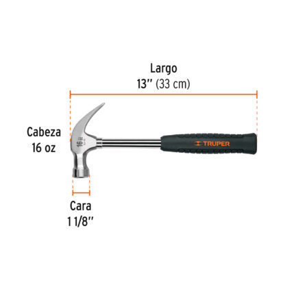 Martillo tubular pulido 16 oz uña curva, cabeza tipo americana TRUPER - Imagen 2