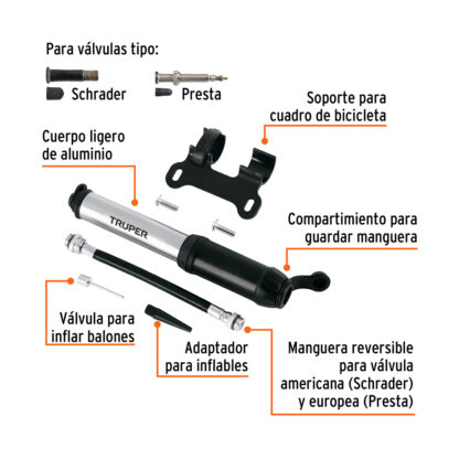 Mini inflador manual para bicicleta 75 psi TRUPER - Imagen 2