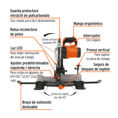 Sierra ingleteadora 10" de 1900 W compuesta para corte de madera y aluminio TRUPER - Imagen 2
